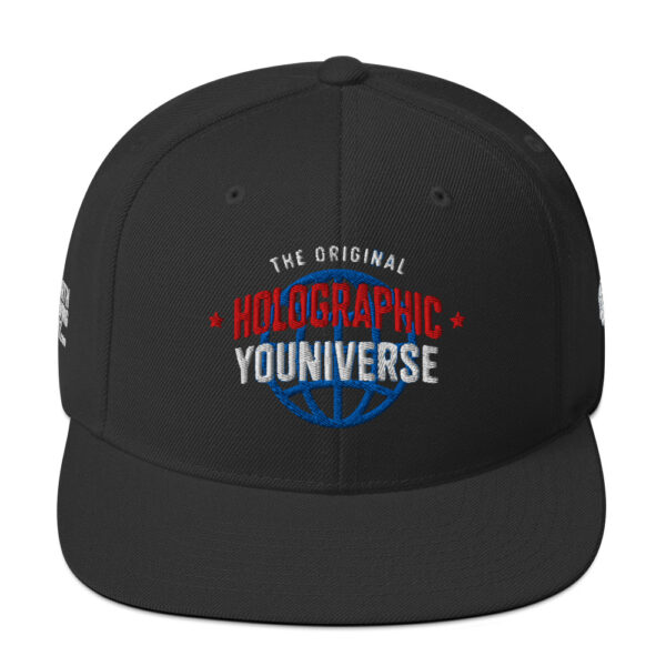 Holographic YOUniverse Snapback Cap – Unisex (White Text) - Image 13
