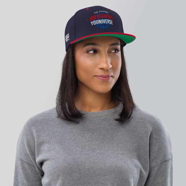 Holographic YOUniverse Snapback Cap – Unisex (White Text) - Image 8