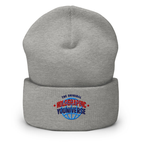 Holographic YOUniverse Hat – Holographic Universe Cuffed Beanie Unisex (Navy Text) - Image 9