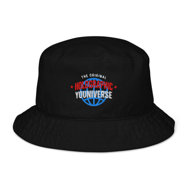 Holographic YOUniverse Organic Bucket Hat – Unisex (White Text)