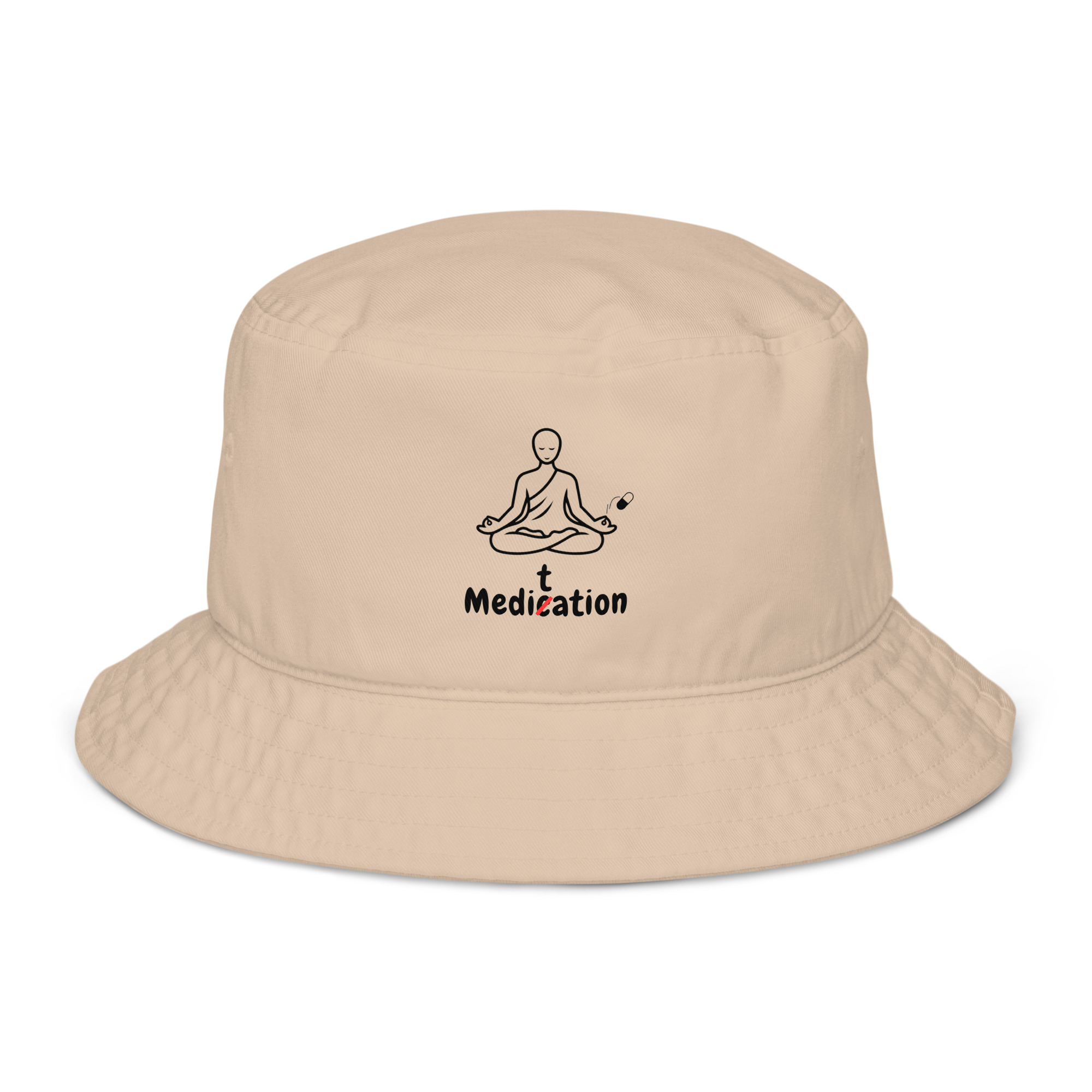 Meditation Bucket Hat – Unisex Organic Pure Cotton Summer Hat | Meditate Medication Clothes (Black Text)
