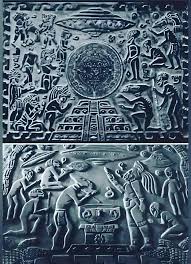 ancient carving aliens around circle under a ufo - mayan map show connection to extraterrestrials