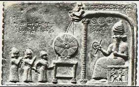 Giant sitting with smaller people around it in Sumerian tablet ancient stone carvings